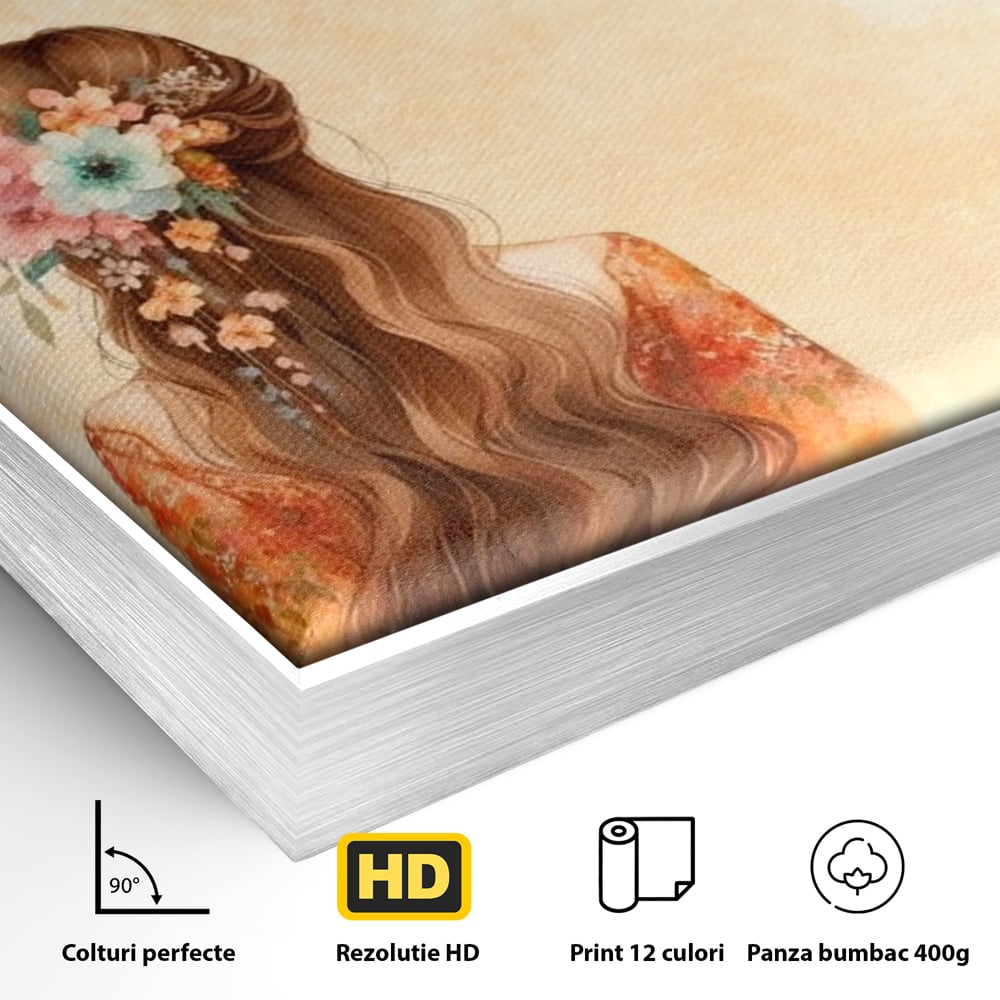 Detaliu al suprafetei: tablou canvas cu femeie si flori, in rama de aluminiu argintiu